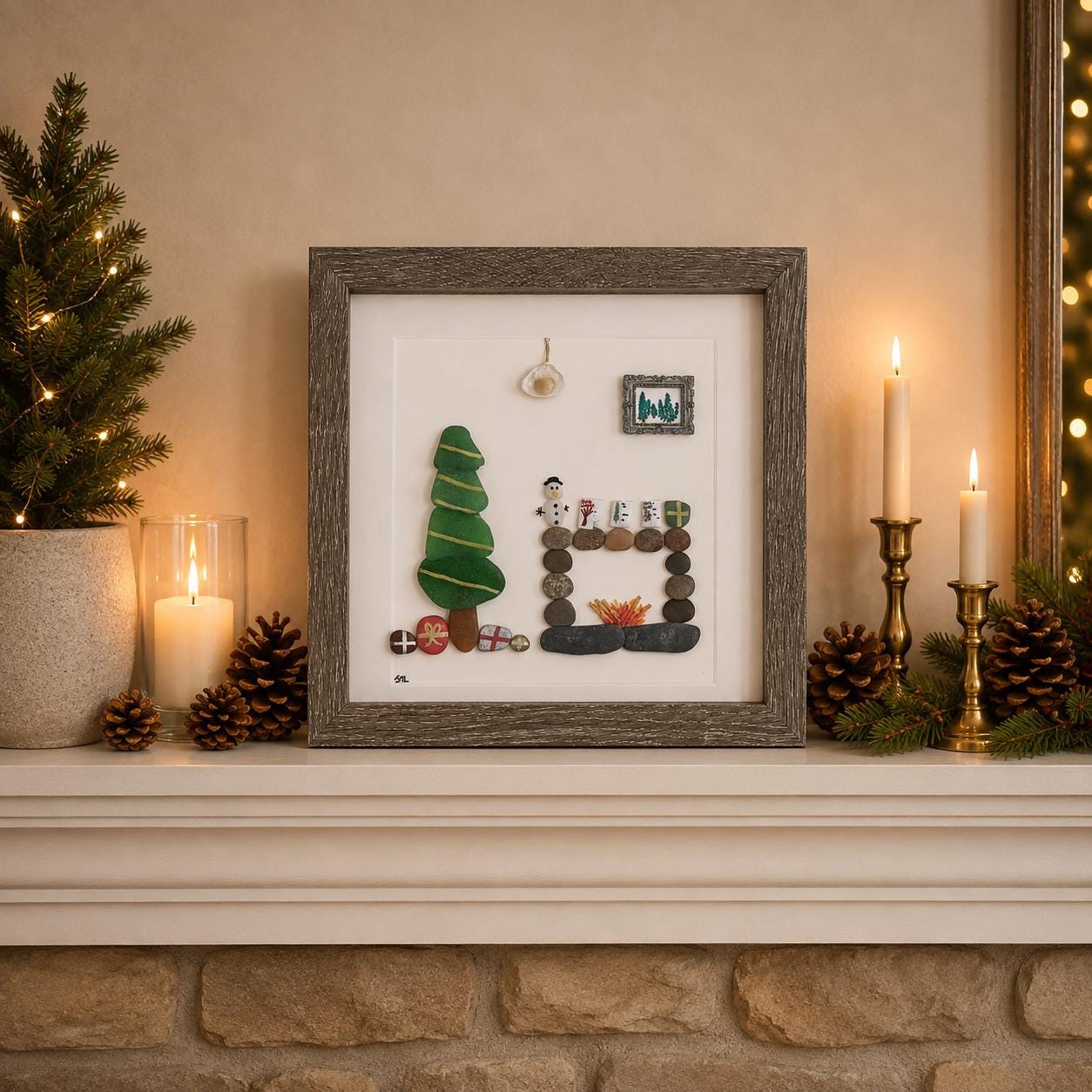 Scottish Sea Glass Christmas Tree Wall Art, Framed Pebble Fireplace Scene (9x9)