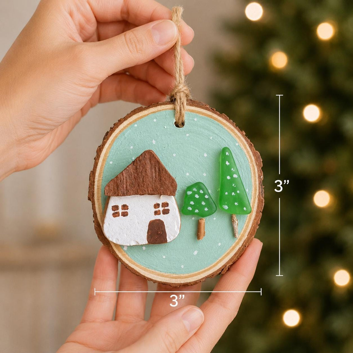 Handmade Christmas Ornament with Sea Pottery House and Sea Glass Trees Displayed on ~3” Dried Wood Round, Perfect Gift, Stocking Stuffer