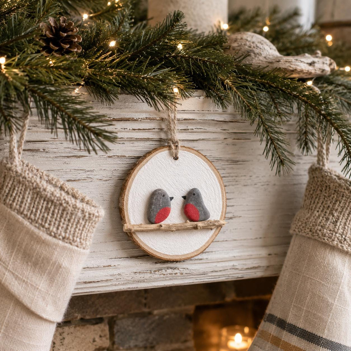 Handmade Robin Pebble Art Christmas Tree Ornaments, one and two robins displayed on ~3” Dried Wood Round, Perfect Gift, Stocking Stuffer