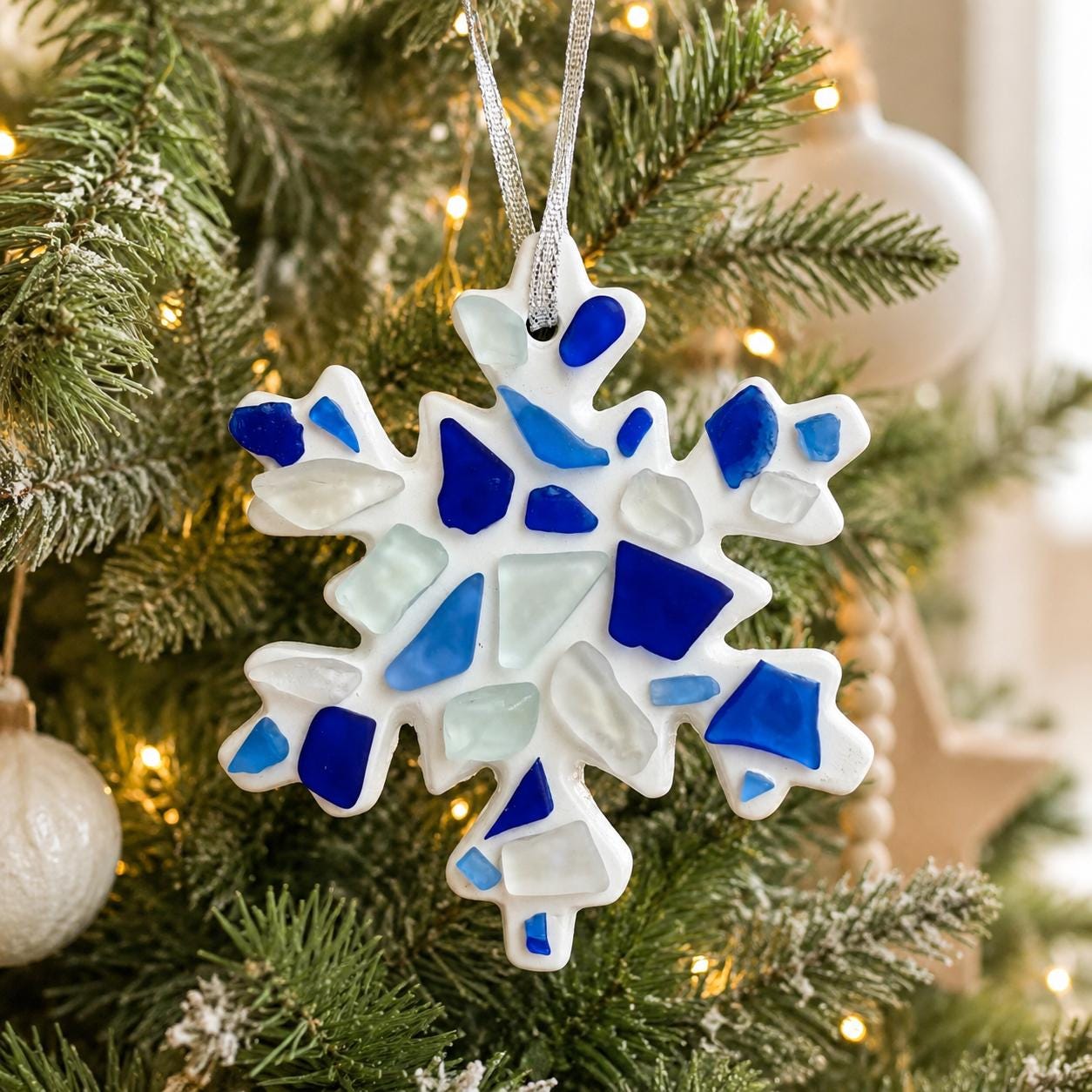 Handmade Scottish Sea Glass Snowflake Ornament in Shades of Blue, White and Teal on Ceramic Snow Flake Ornament Backing