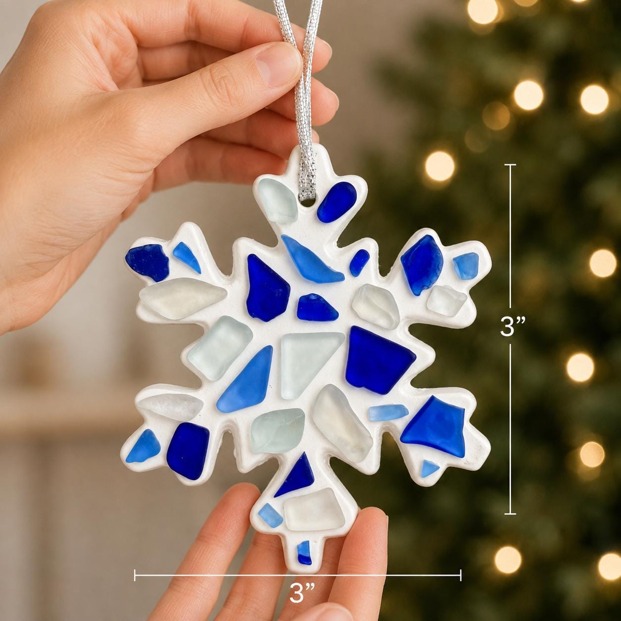 Handmade Scottish Sea Glass Snowflake Ornament in Shades of Blue, White and Teal on Ceramic Snow Flake Ornament Backing