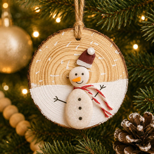 Handmade Snowman Christmas Tree Ornament Made from Beach Pebbles and Scottish Sea Glass, Perfect Holiday Gift, Stocking Stuffer