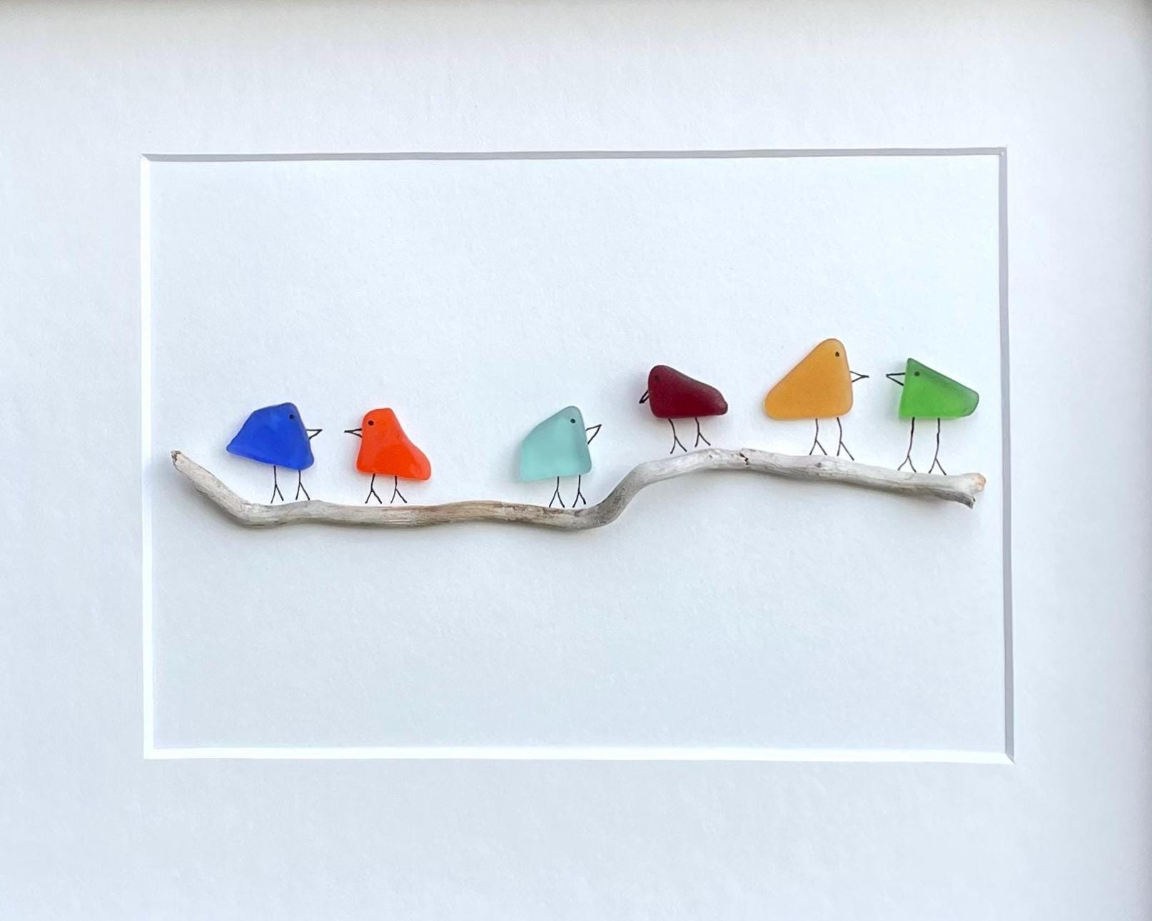 Sea Glass and Driftwood Rainbow Birds, 8x10 Framed Original Handmade Art, Minimalist Beach Glass Decor