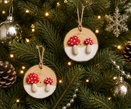Mushroom Pebble Art Christmas Tree Ornament, Two Mushrooms are Displayed on ~3” Dried Wood Round, Perfect Holiday Gift or Stocking Stuffer
