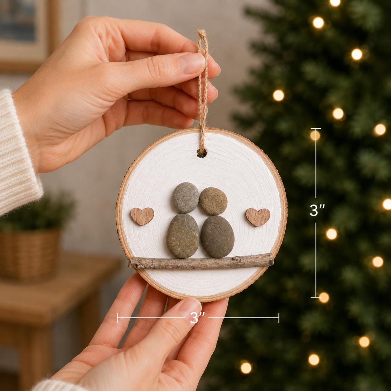 Pebble Art Couple in Love Ornament on Wood Round Backing | Handmade Unique Holiday Gift