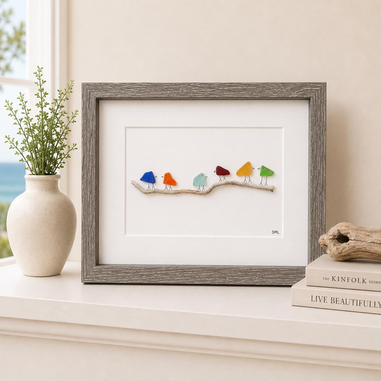 Sea Glass and Driftwood Rainbow Birds, 8x10 Framed Original Handmade Art, Minimalist Beach Glass Decor