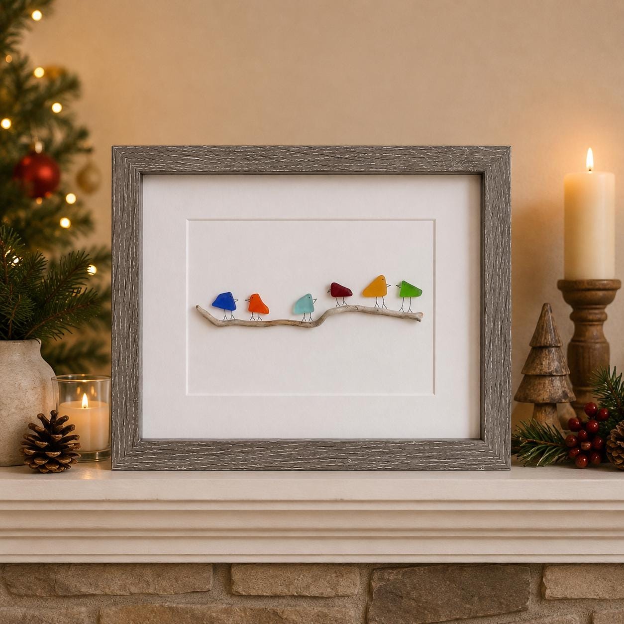 Sea Glass and Driftwood Rainbow Birds, 8x10 Framed Original Handmade Art, Minimalist Beach Glass Decor