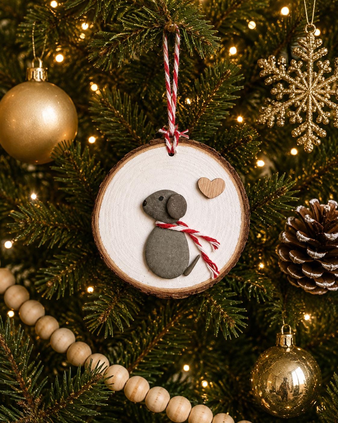 Handmade Dog Pebble Art Christmas Ornament | Wood Slice