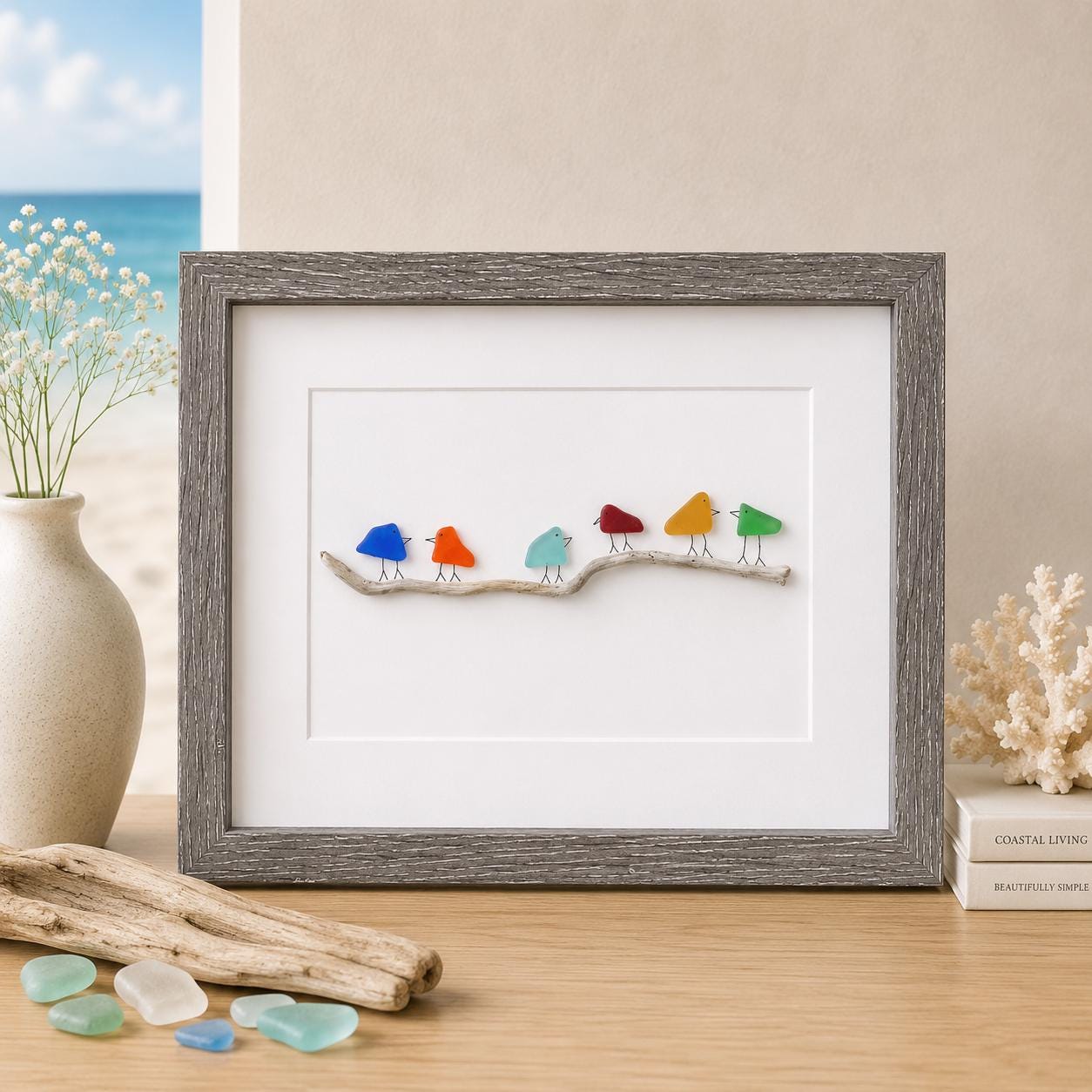Sea Glass and Driftwood Rainbow Birds, 8x10 Framed Original Handmade Art, Minimalist Beach Glass Decor