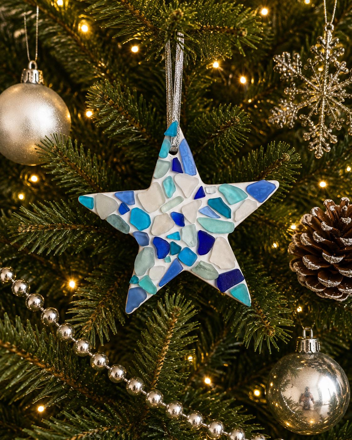 Handmade Scottish Sea Glass Star Ornament in Shades of Blue, White and Teal