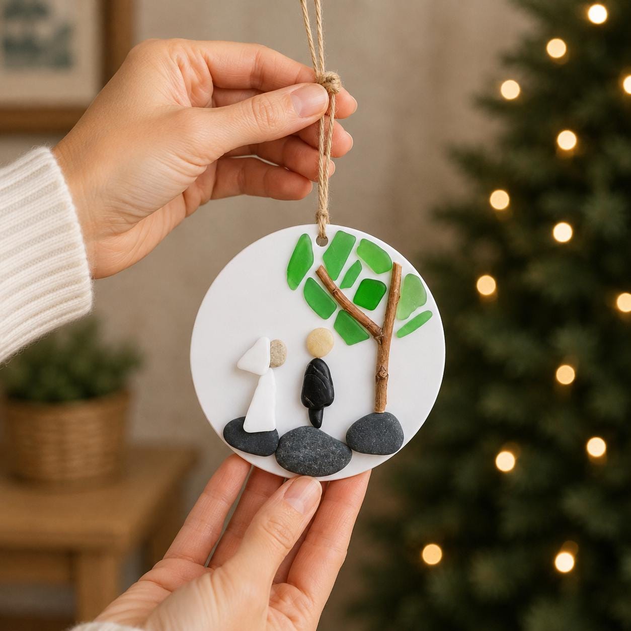 Wedding Scene Ornament | Handmade Pebble Art Couple Under Tree
