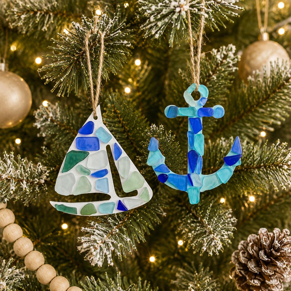 Scottish Sea Glass Sailing Ornaments, Choose Between 2 Handmade Decorations Featuring a Sailboat and an Anchor, Perfect Gift for Sailor