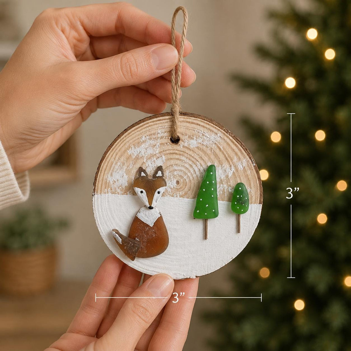 Little Fox in the Snow Christmas Ornament Made from Scottish Sea Glass on a Dried Wood Round, Perfect Holiday Gift, Stocking Stuffer
