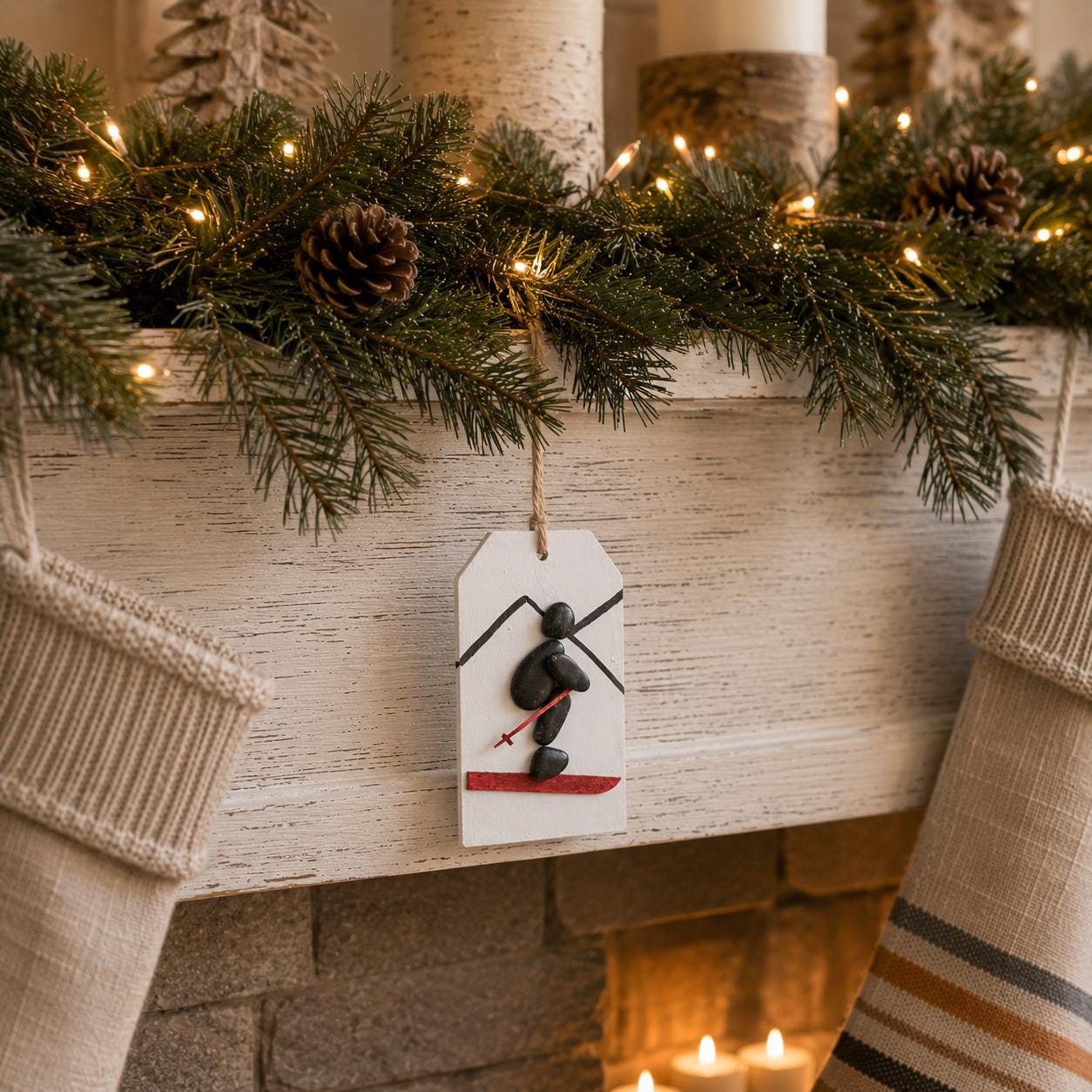 Pebble Art Skiing Christmas Ornament, Handmade Skier Gift