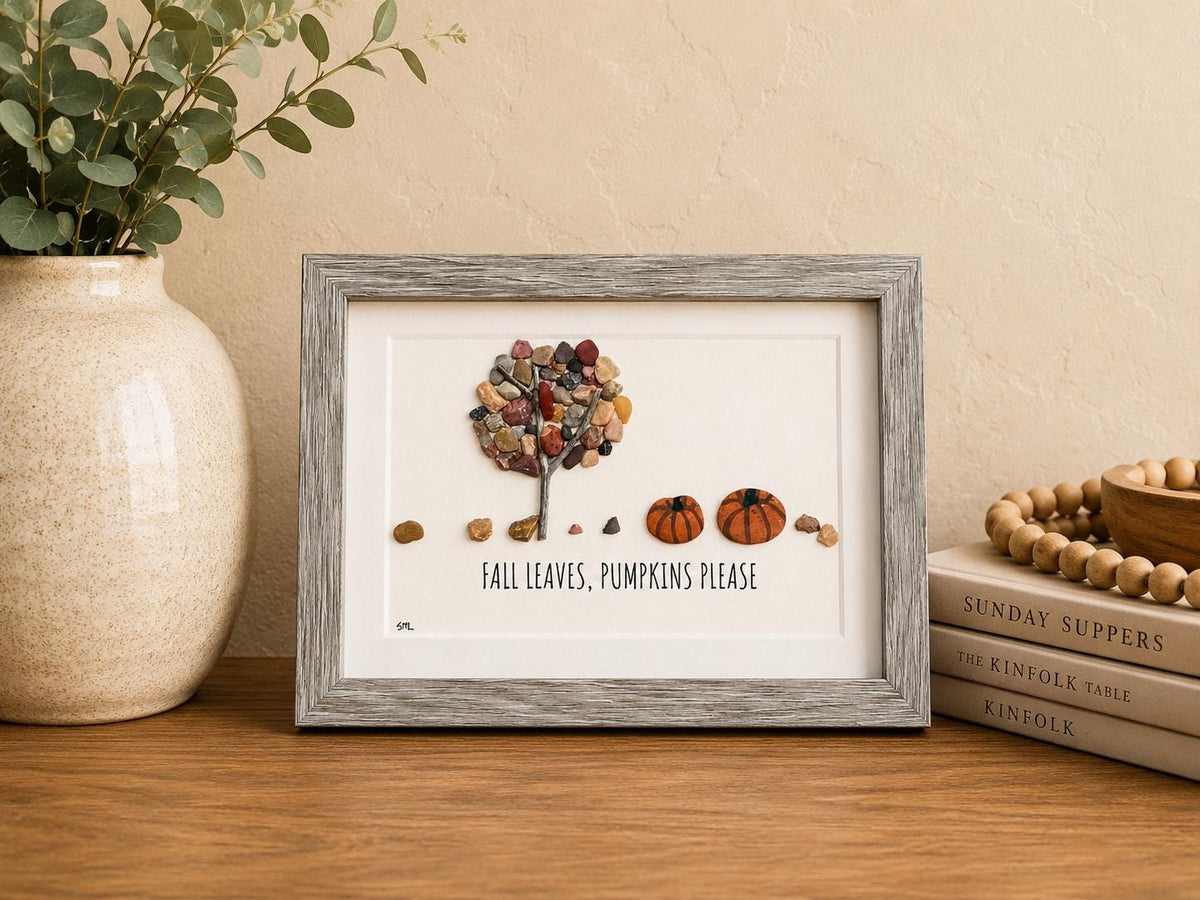 Fall Please, Pumpkins Please Pebble and Sea Glass, 5x7"