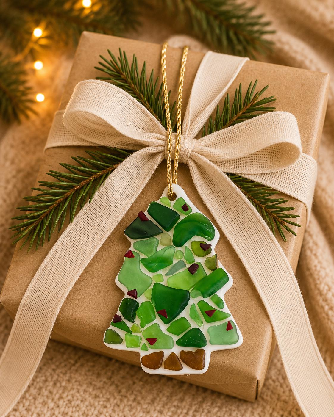 Handmade Sea Glass Christmas Tree Ornament, Coastal Holiday Decoration