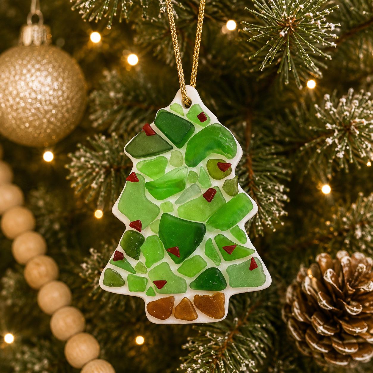 Handmade Sea Glass Christmas Tree Ornament, Coastal Holiday Decoration