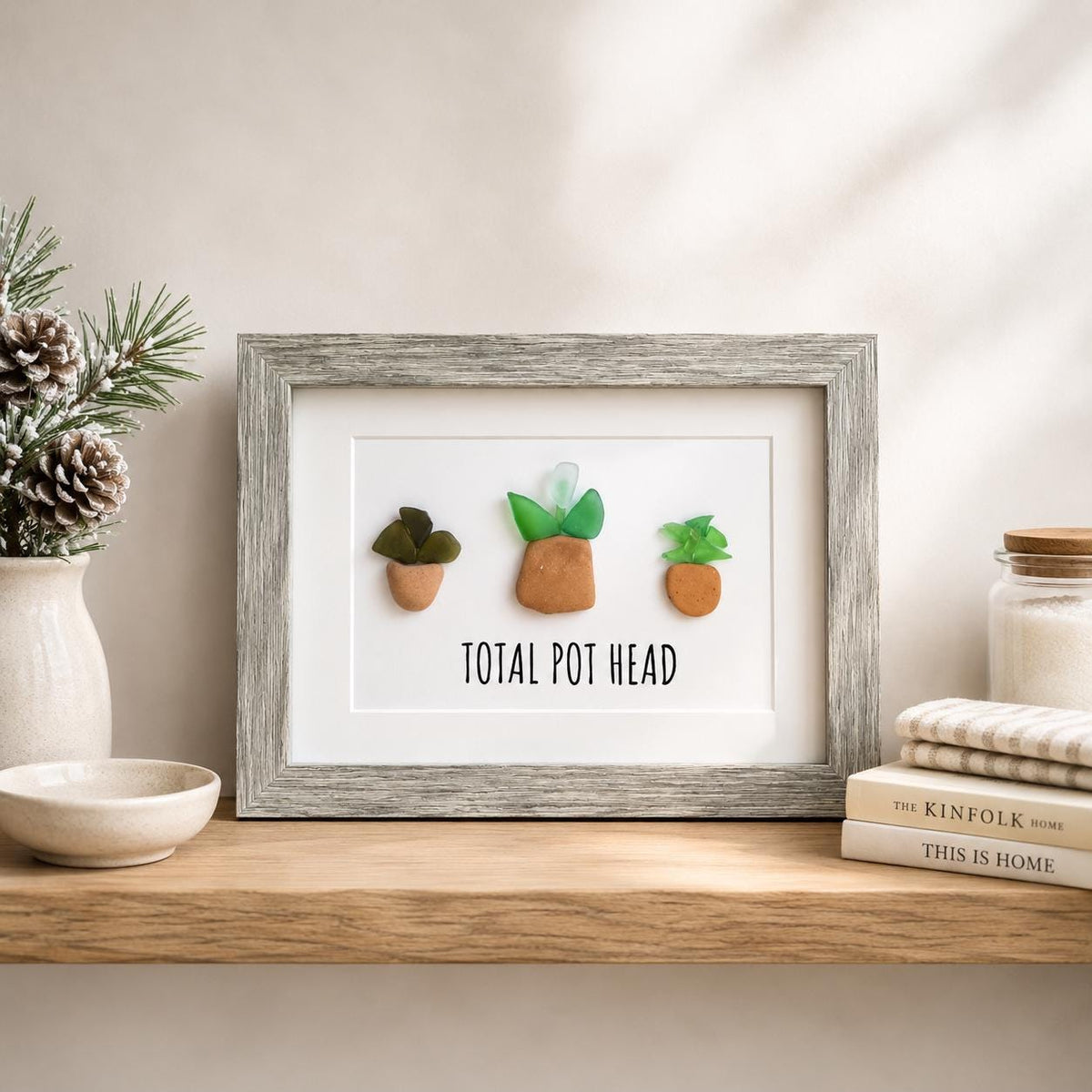 Total Pot Head Sea Glass Art, 5x7 Framed Gift for Gardener, Plant Lover