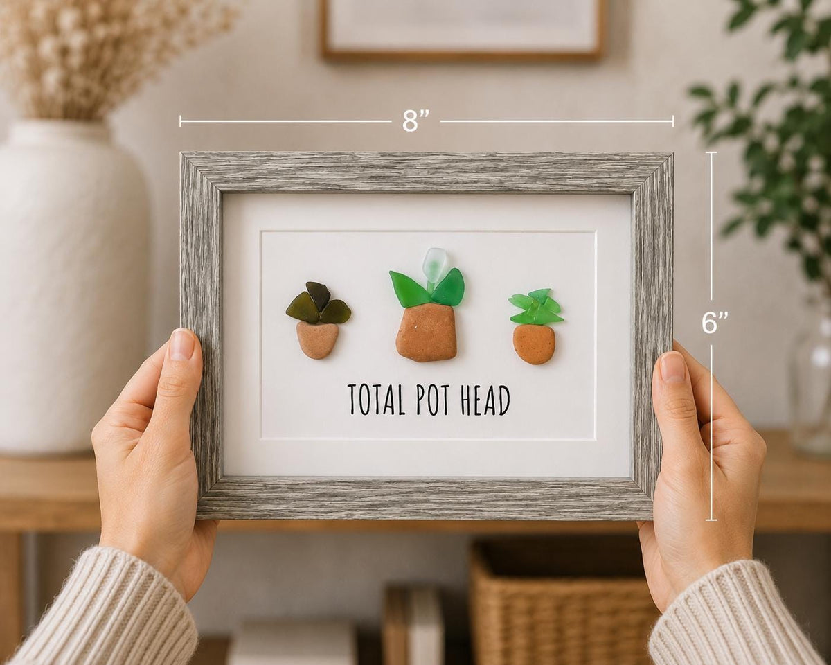 Total Pot Head Sea Glass Art, 5x7 Framed Gift for Gardener, Plant Lover