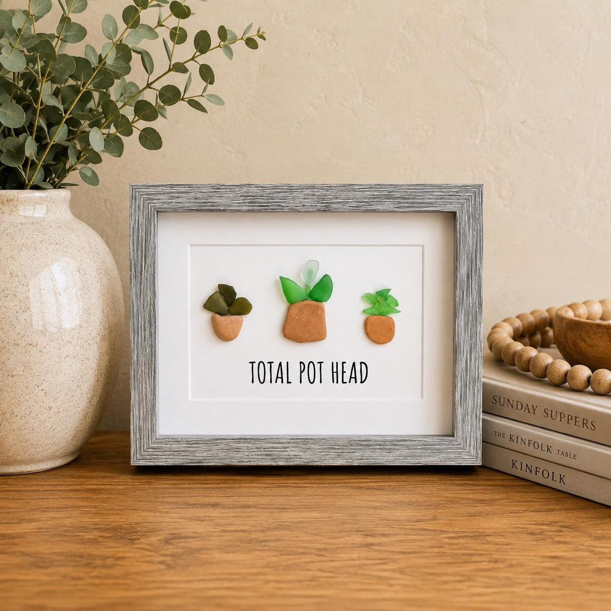 Total Pot Head Sea Glass Art, 5x7 Framed Gift for Gardener, Plant Lover