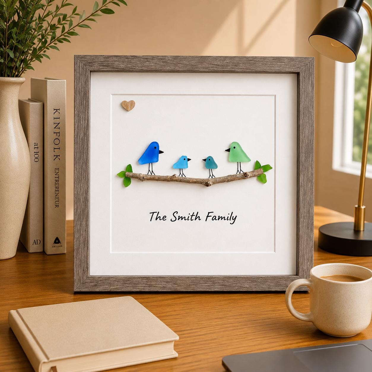 Personalized Sea Glass Bird Family Picture, Family of 3, 4, 5 or 6, 8x8 Framed Wall Art