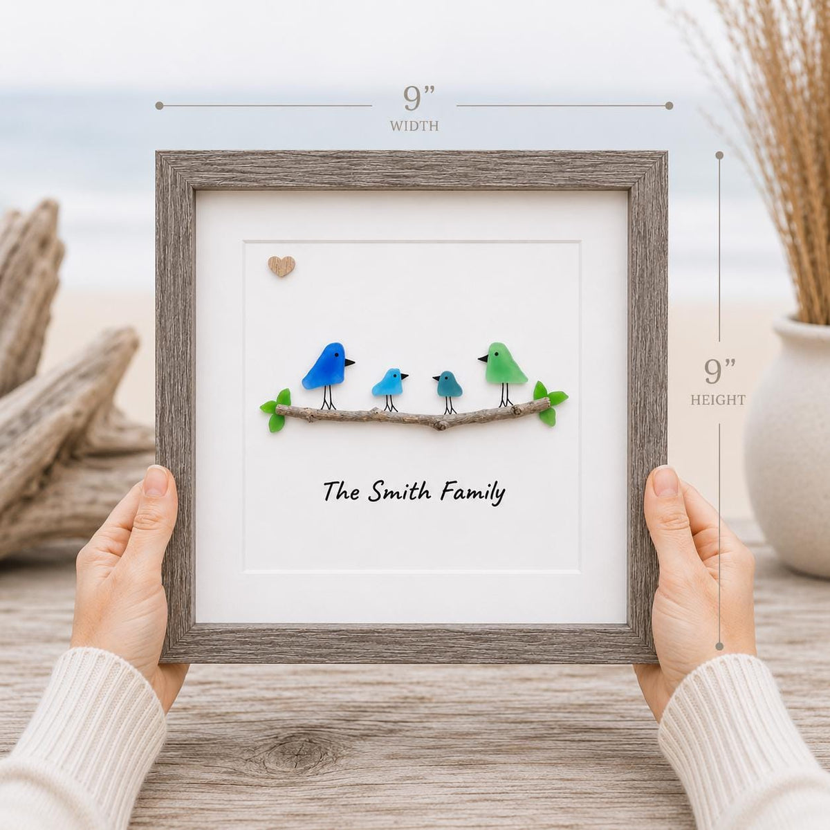 Personalized Sea Glass Bird Family Picture, Family of 3, 4, 5 or 6, 8x8 Framed Wall Art
