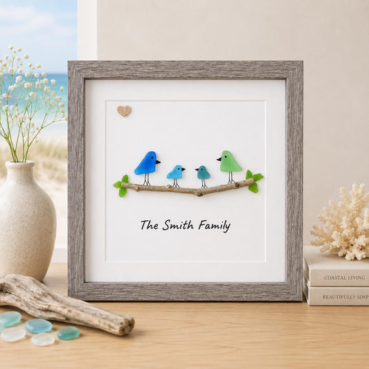 Personalized Sea Glass Bird Family Picture, Family of 3, 4, 5 or 6, 8x8 Framed Wall Art