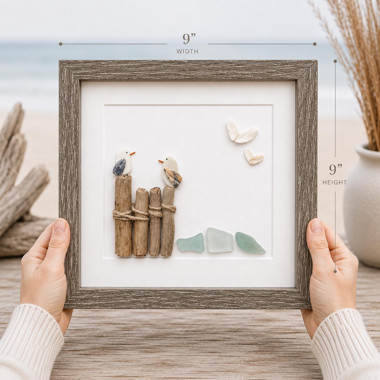 Seagull Sea Glass Pebble Art, Driftwood Beach House Decor, Framed Coastal Artwork