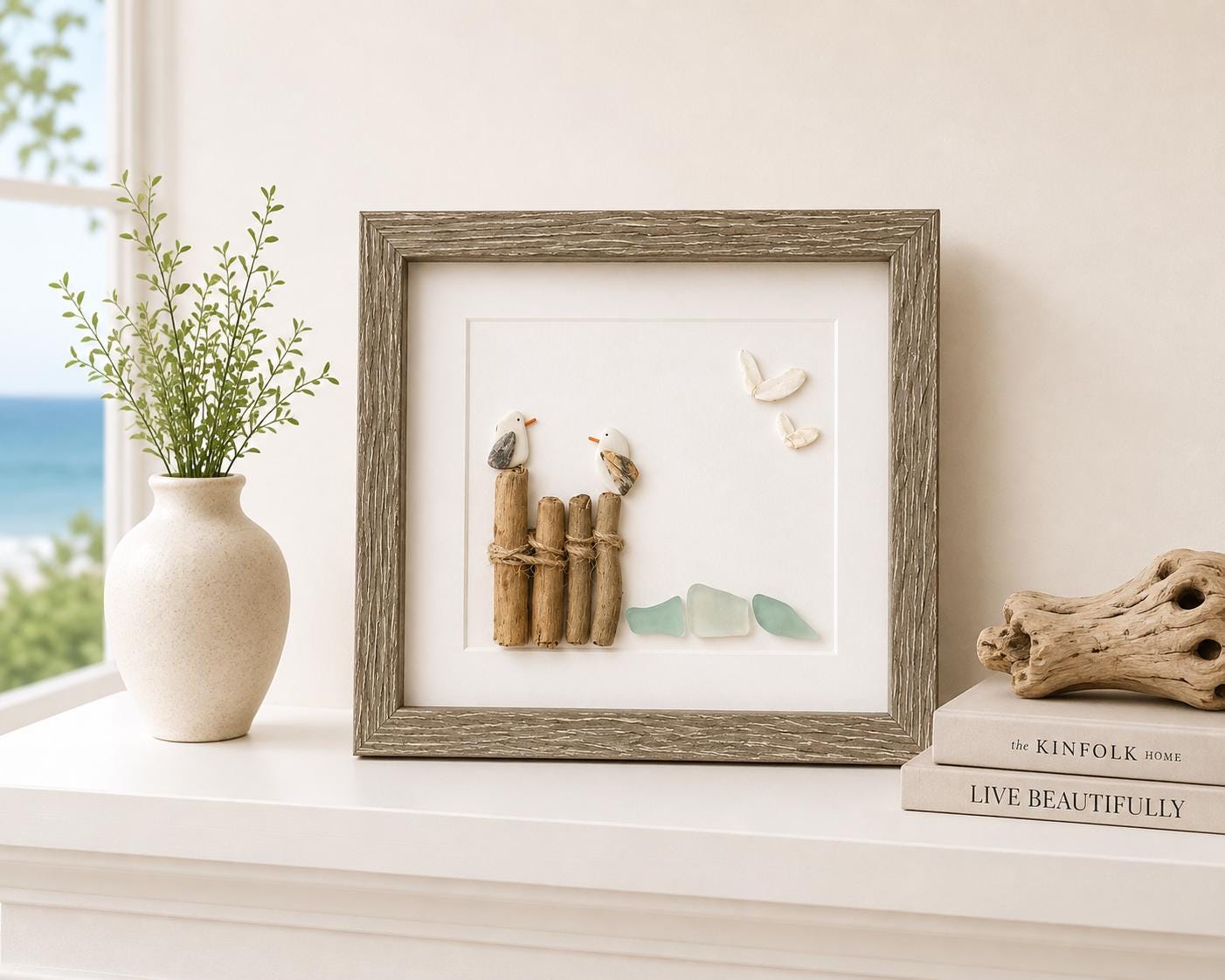 Seagull Sea Glass Pebble Art, Driftwood Beach House Decor, Framed Coastal Artwork