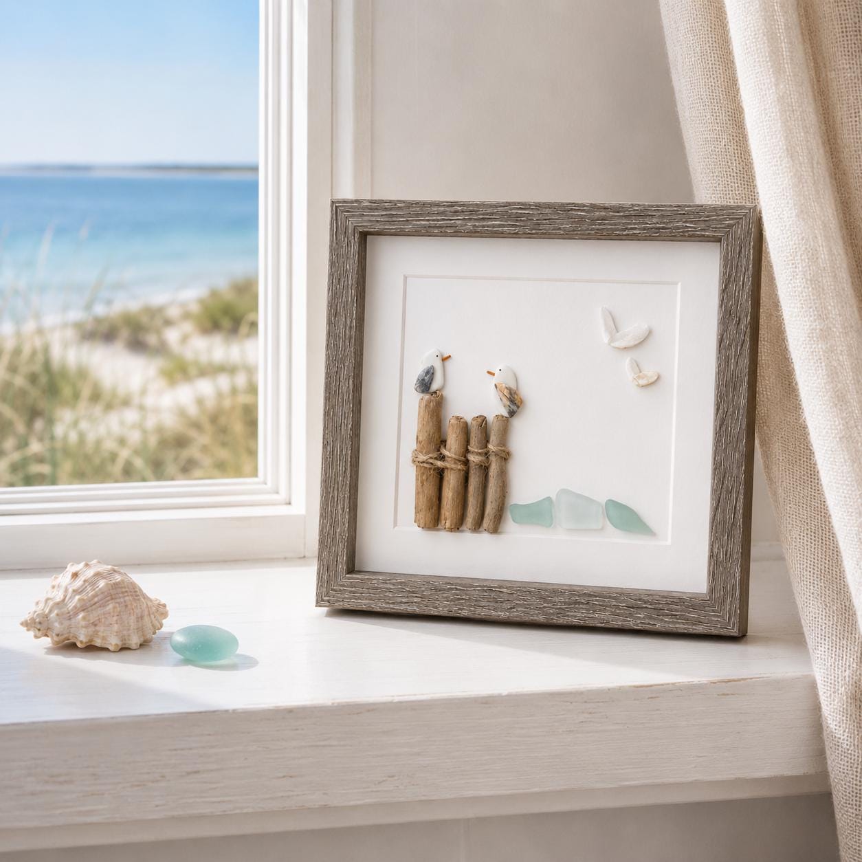 Seagull Sea Glass Pebble Art, Driftwood Beach House Decor, Framed Coastal Artwork