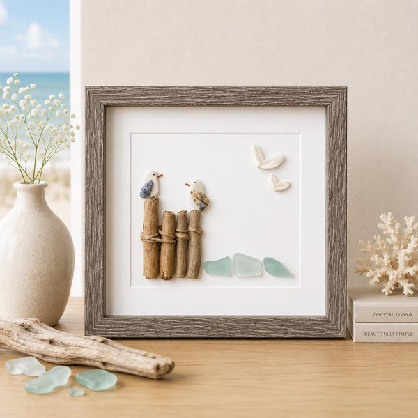 Seagull Sea Glass Pebble Art, Driftwood Beach House Decor, Framed Coastal Artwork