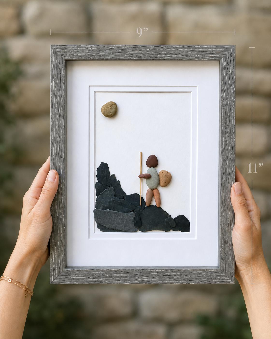 Hiker Enjoying Solo Hike 8 x 10 Framed Handmade Pebble Art, Hiking Picture, Perfect Gift
