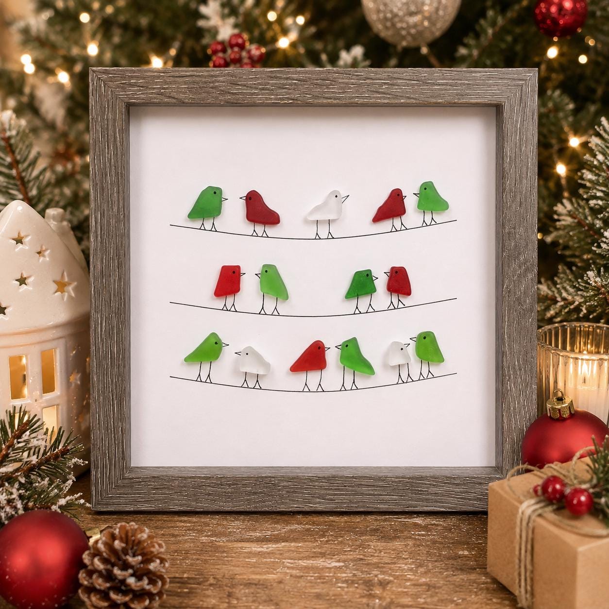 Christmas Sea Glass Birds on Power Lines, Framed Original Artwork