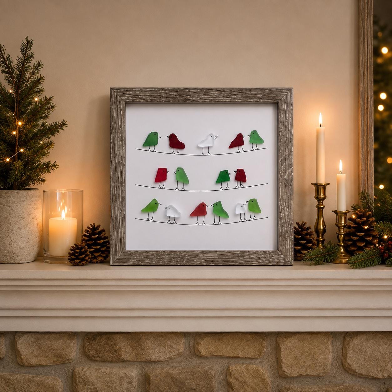 Christmas Sea Glass Birds on Power Lines, Framed Original Artwork