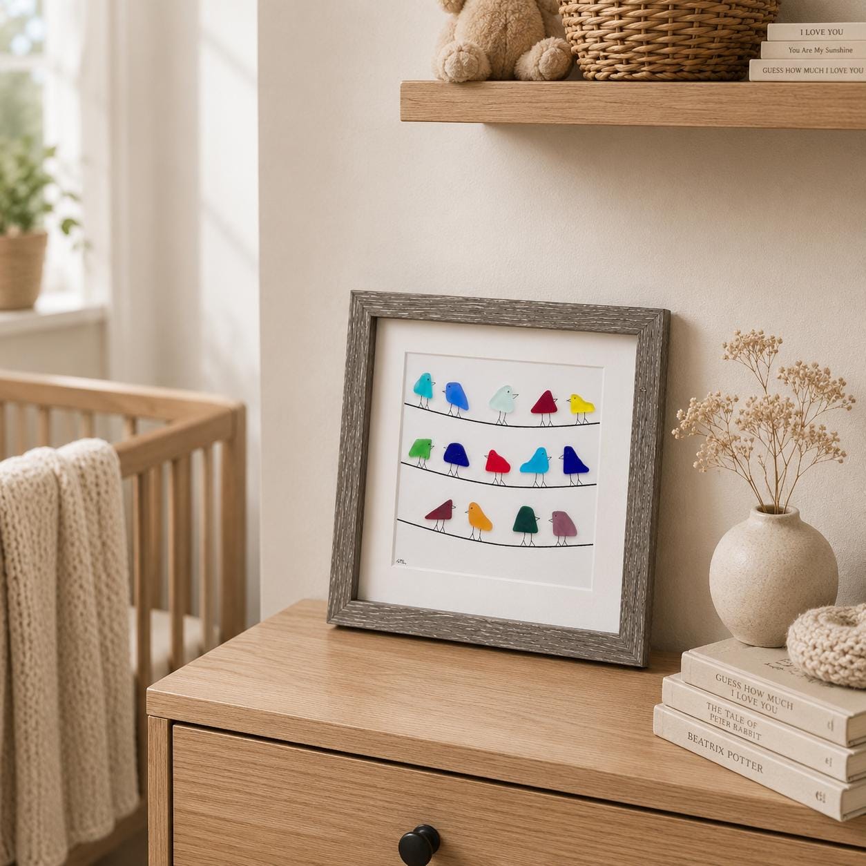Rainbow Sea Glass Bird Artwork, Coastal Beach Decor, Framed Art