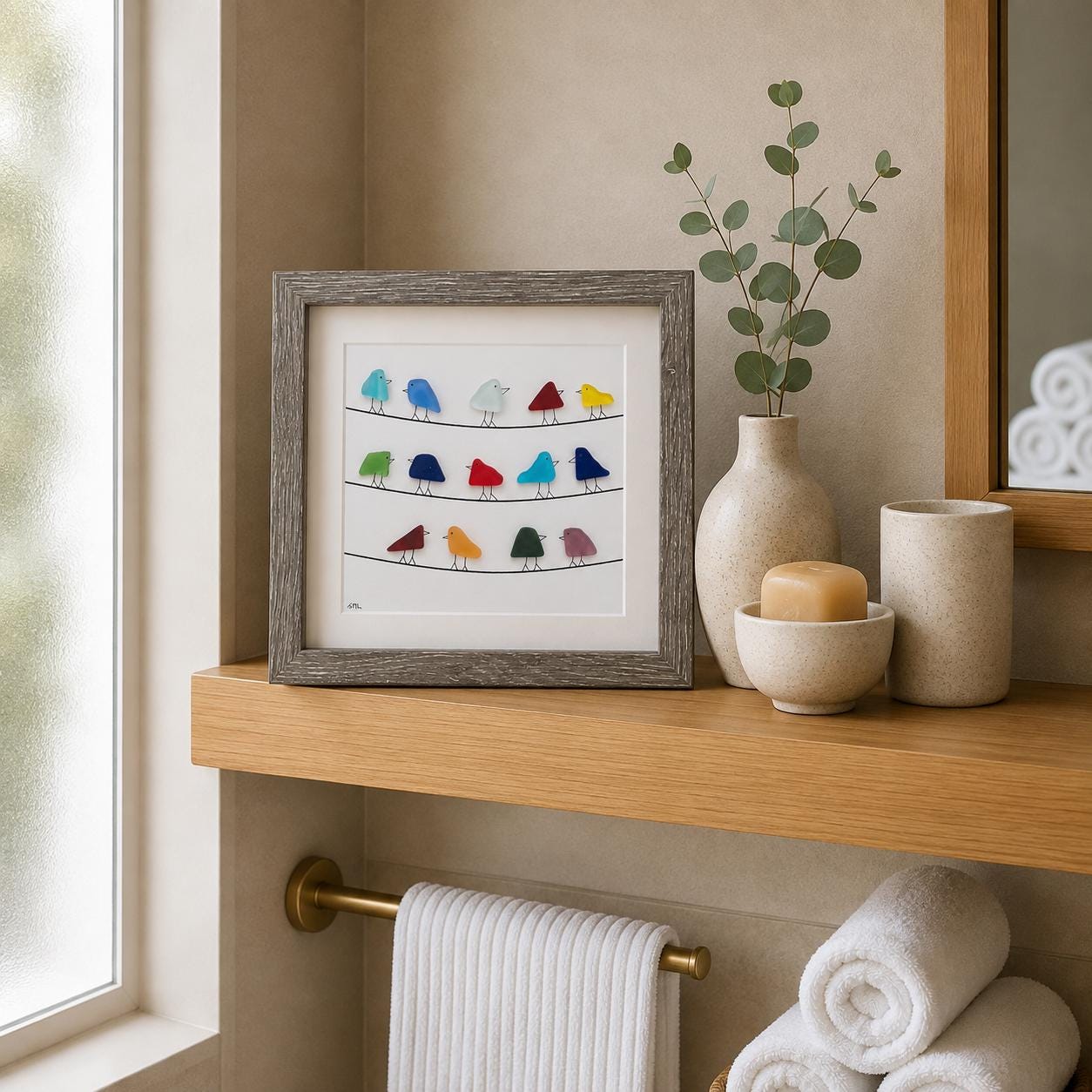 Rainbow Sea Glass Bird Artwork, Coastal Beach Decor, Framed Art