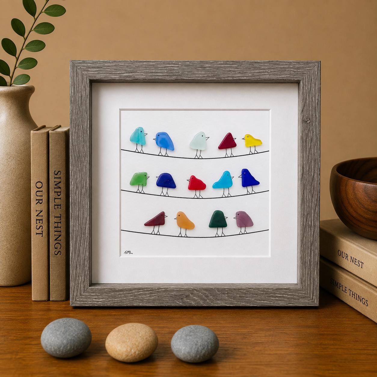 Rainbow Sea Glass Bird Artwork, Coastal Beach Decor, Framed Art
