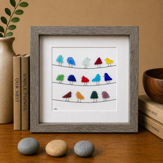 Rainbow Sea Glass Bird Artwork, Coastal Beach Decor, Framed Art