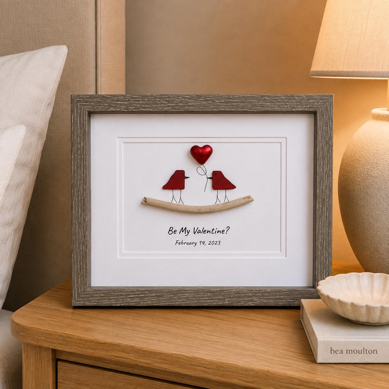 Valentine's Day Sea Glass Art, Birds in Love Framed Picture