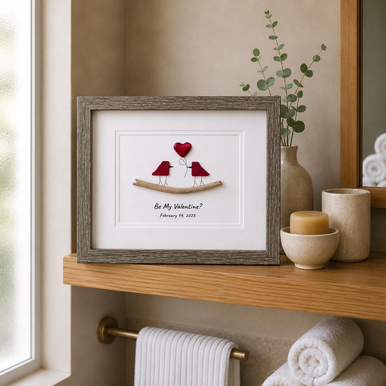 Valentine's Day Sea Glass Art, Birds in Love Framed Picture