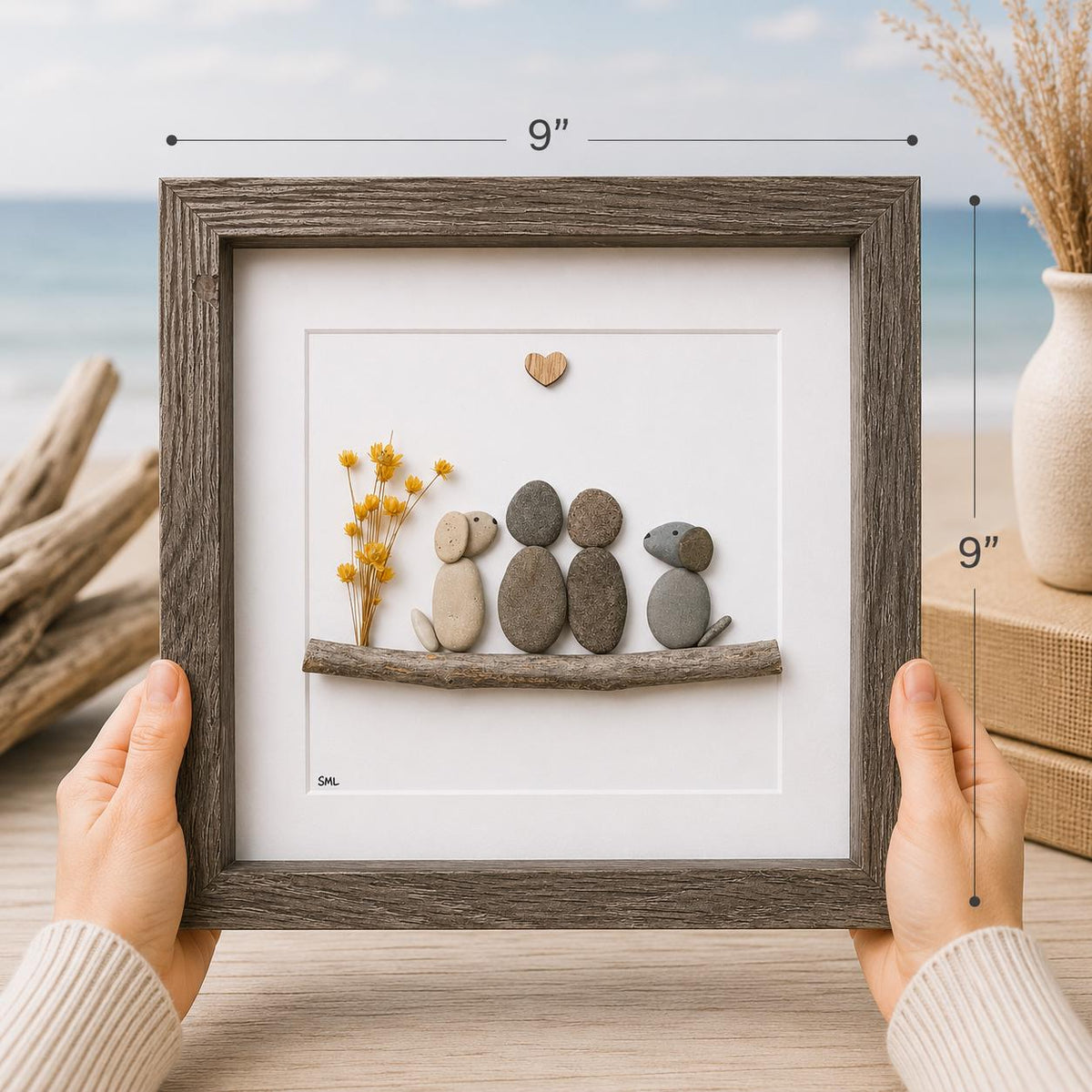 Couple with Two Dogs Pebble Art, 8x8"