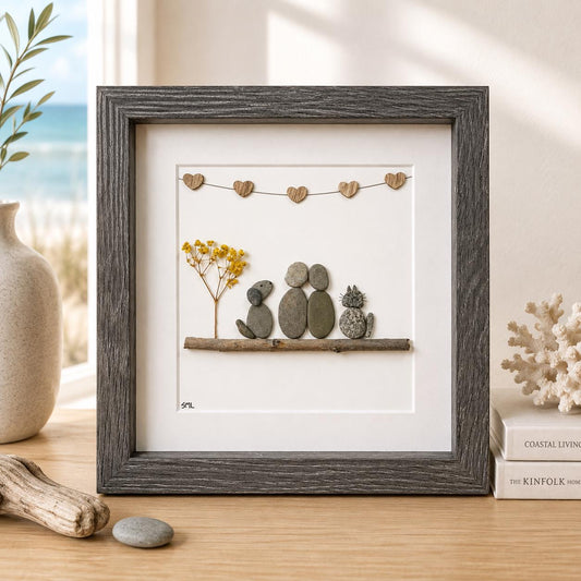 Couple with Cat and Dog Pebble Art, 8x8"