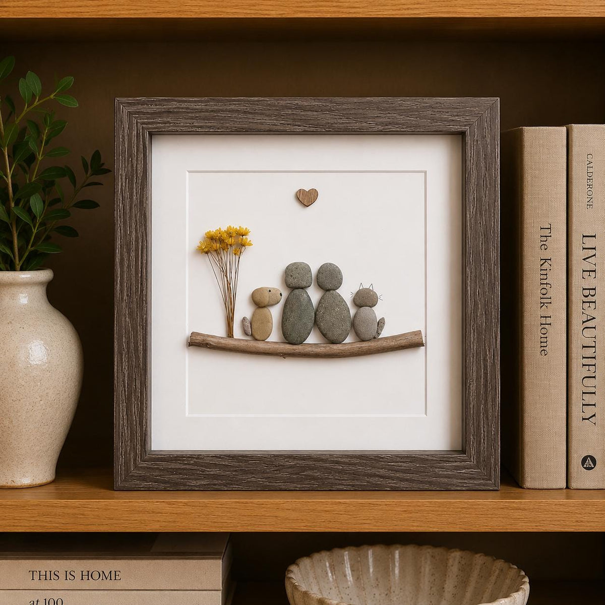 Couple with Two Dogs Pebble Art, 8x8"