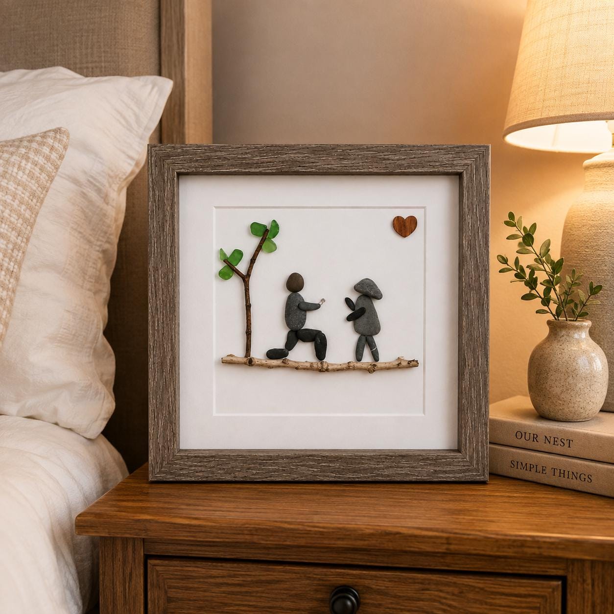 Personalized Pebble Art Engagement Gift, Framed Couple Artwork (9x9)