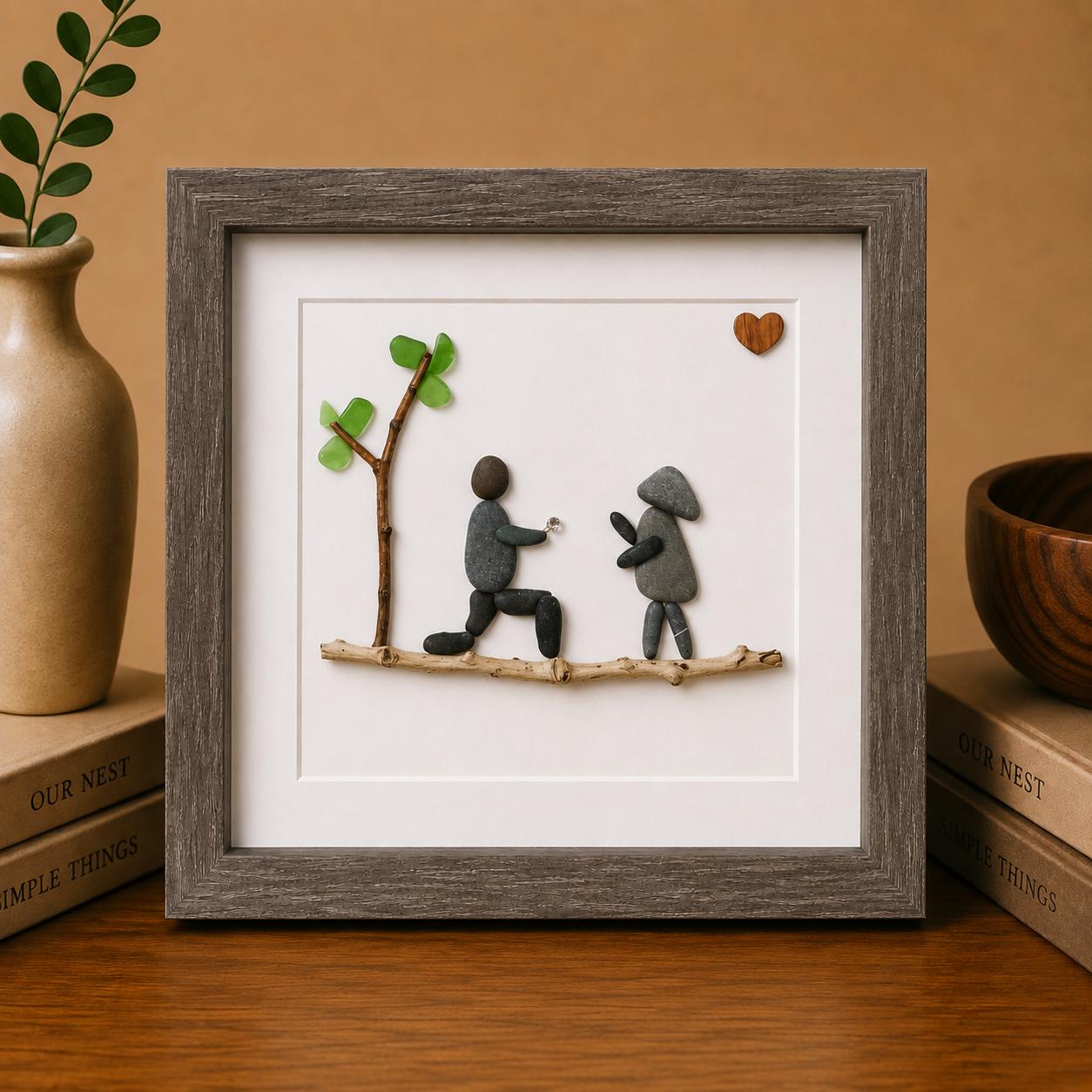 Personalized Pebble Art Engagement Gift, Framed Couple Artwork (9x9)