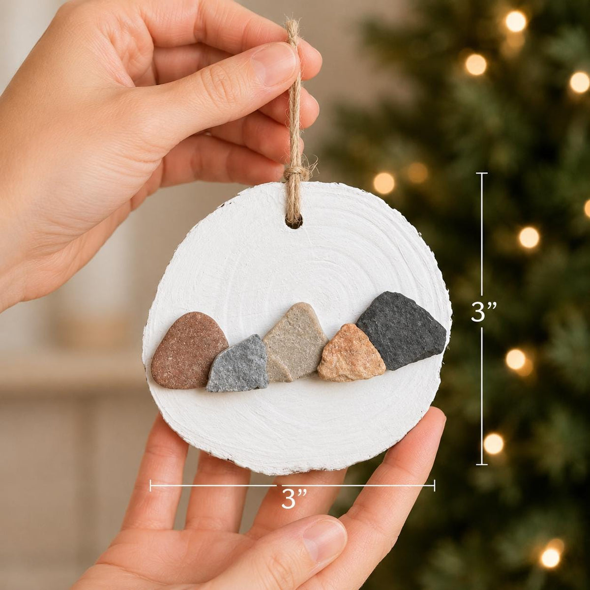 Handmade Mountain Pebble Art Ornaments on Wood Rounds (x1)