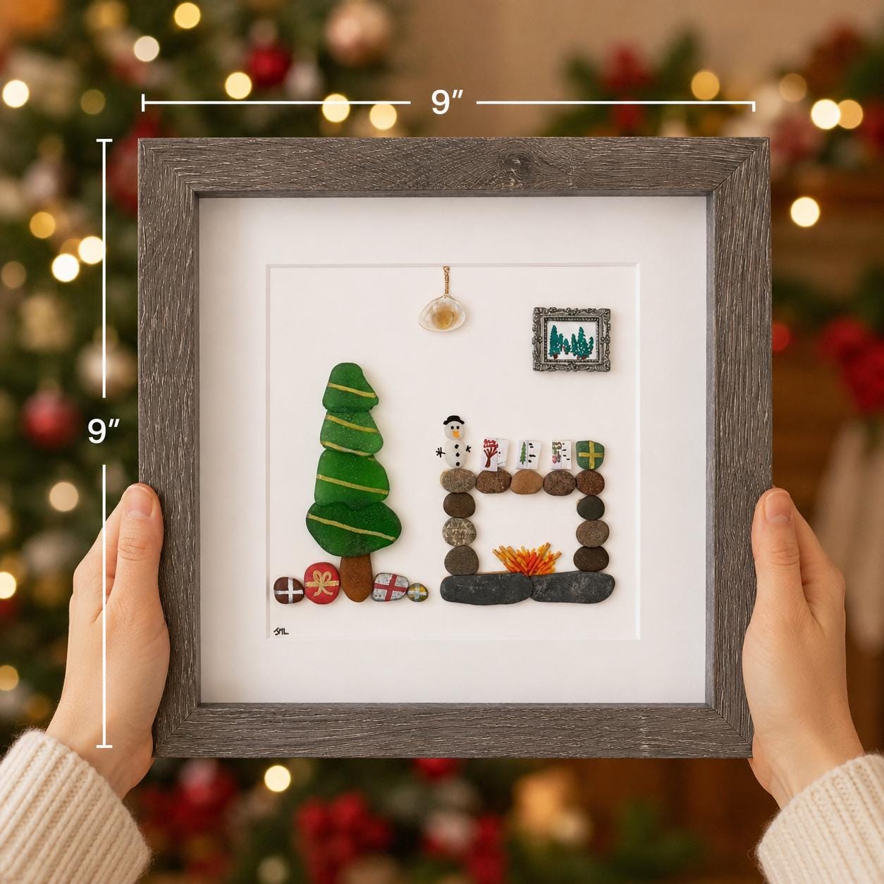 Scottish Sea Glass Christmas Tree Wall Art, Framed Pebble Fireplace Scene (9x9)