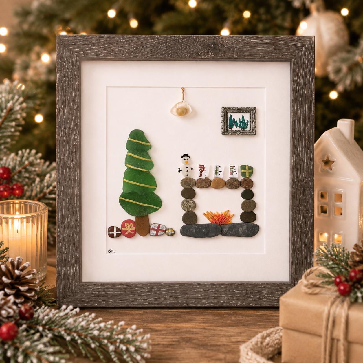 Scottish Sea Glass Christmas Tree Wall Art, Framed Pebble Fireplace Scene (9x9)