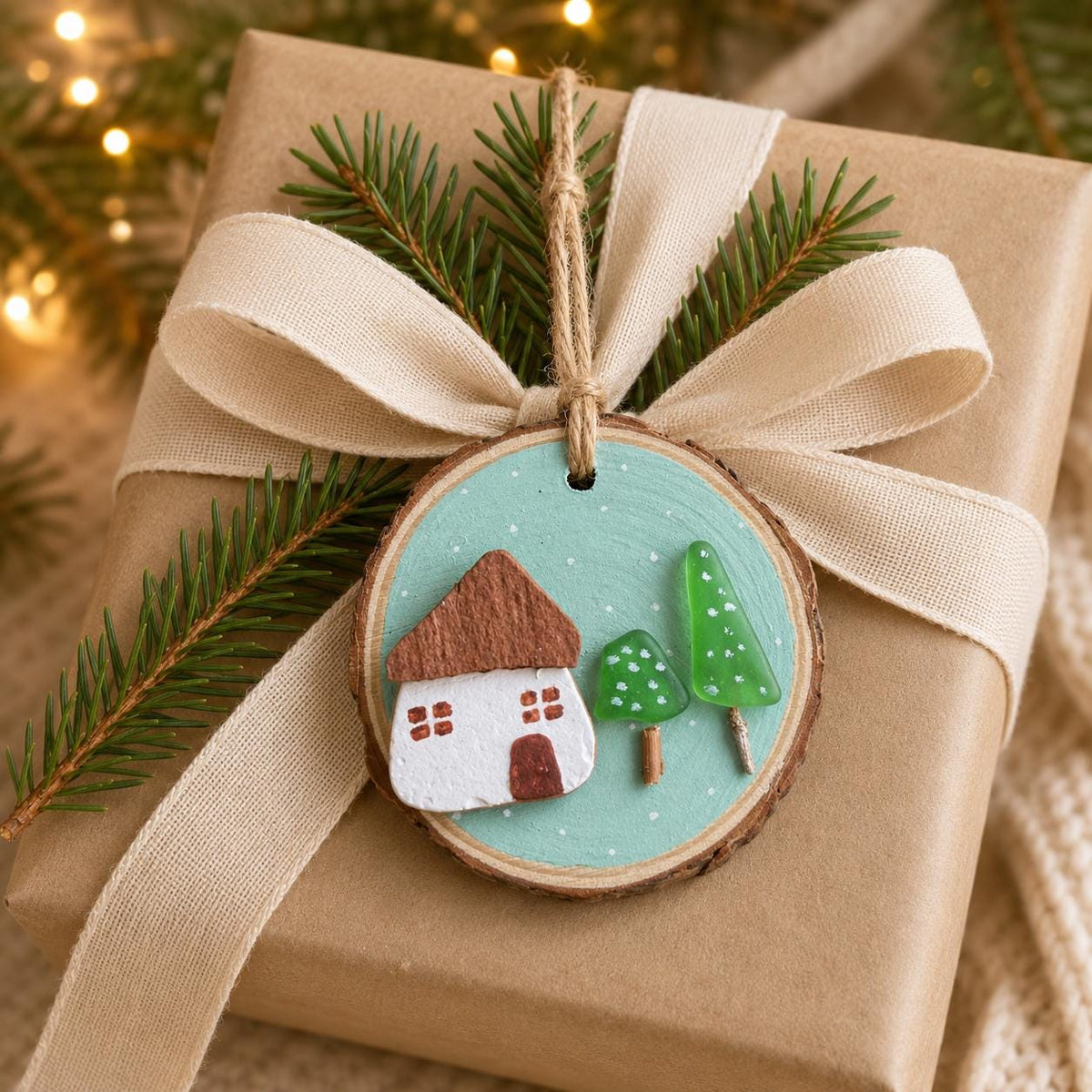 Handmade Christmas Ornament with Sea Pottery House and Sea Glass Trees Displayed on ~3” Dried Wood Round, Perfect Gift, Stocking Stuffer