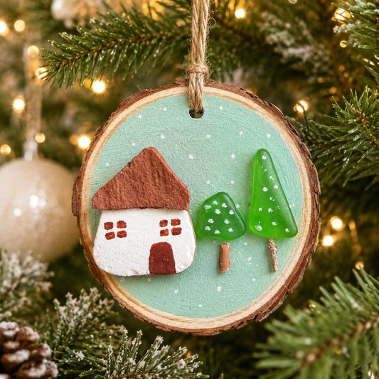 Handmade Christmas Ornament with Sea Pottery House and Sea Glass Trees Displayed on ~3” Dried Wood Round, Perfect Gift, Stocking Stuffer